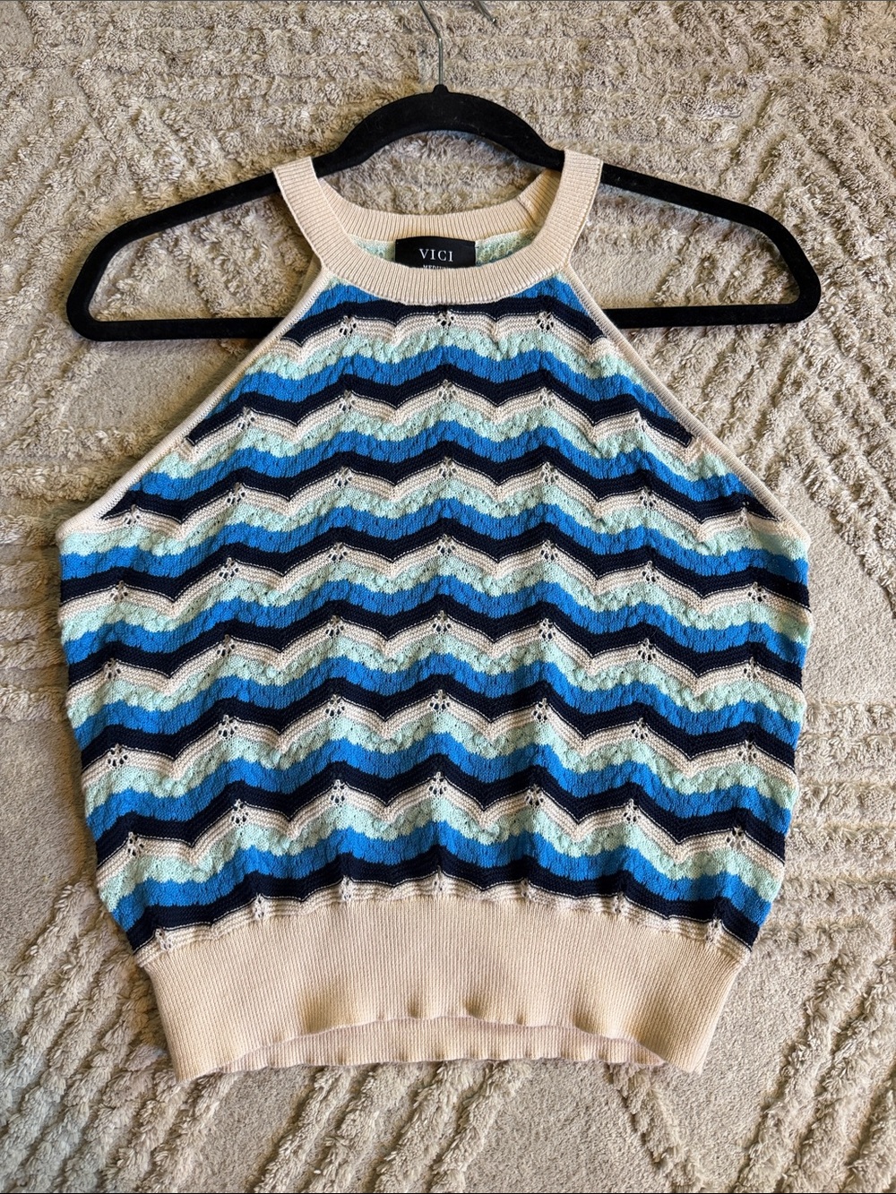 VICI Blue Chevron Knit Halter Tank Top